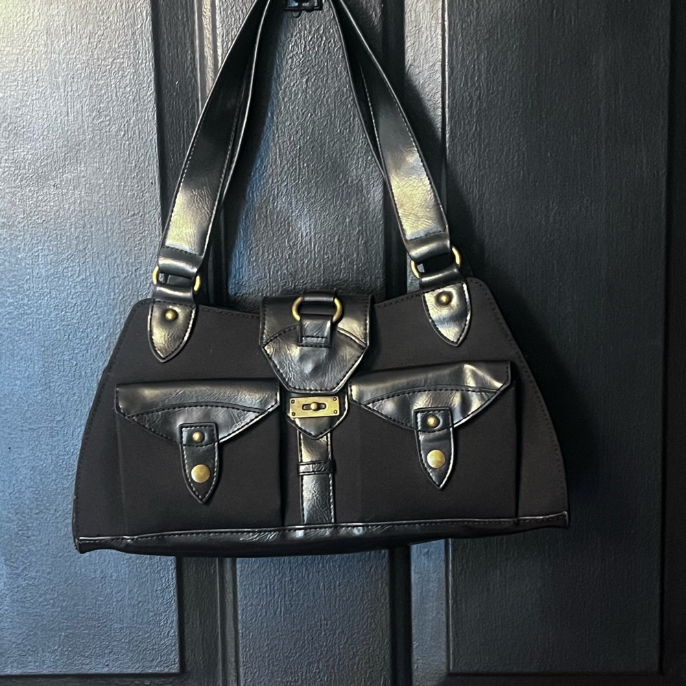Nine & Co Black Leather Handbag with cargo style pockets with Gold Accents